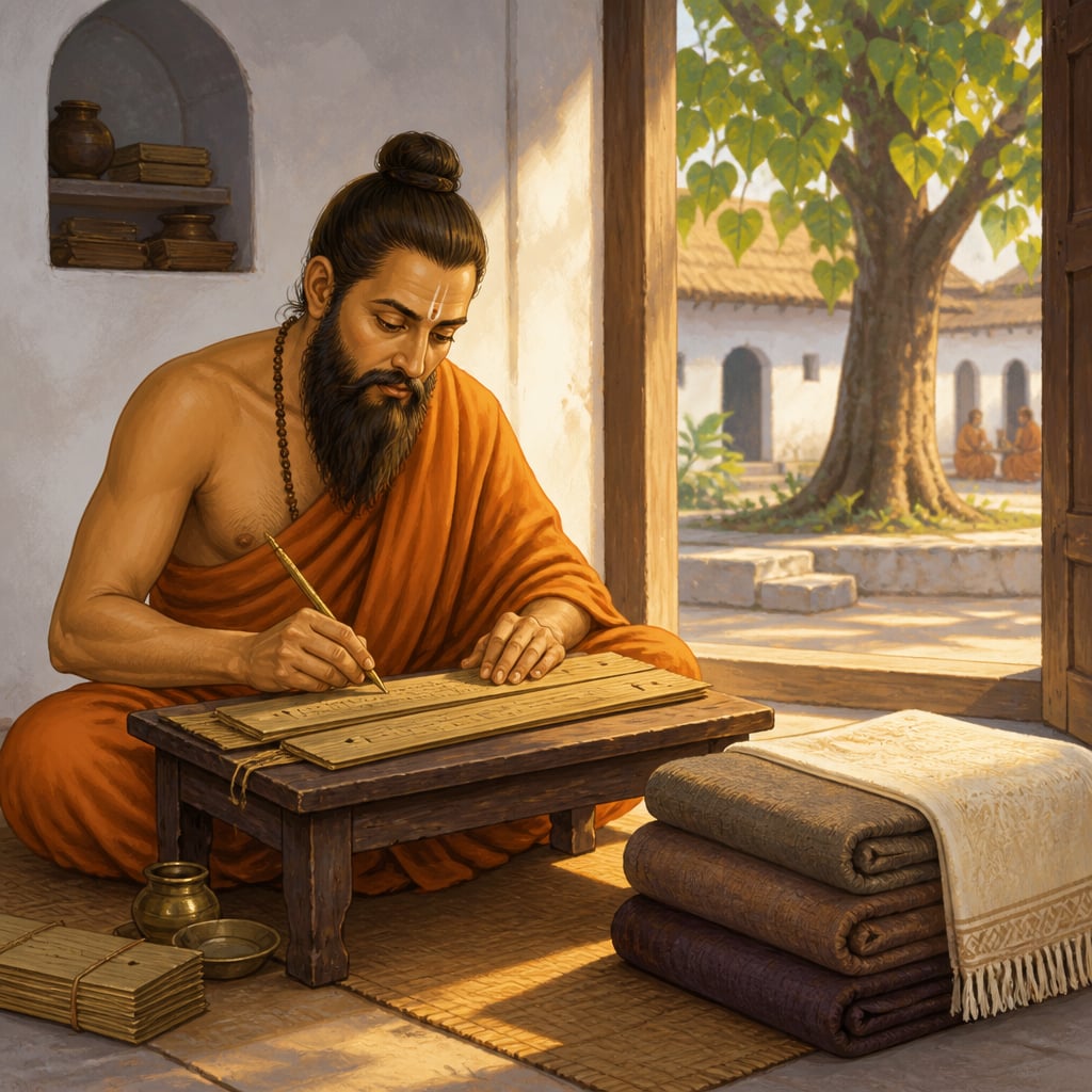 The scholar Vatsyayana writing the nine-blanket example on palm-leaves
