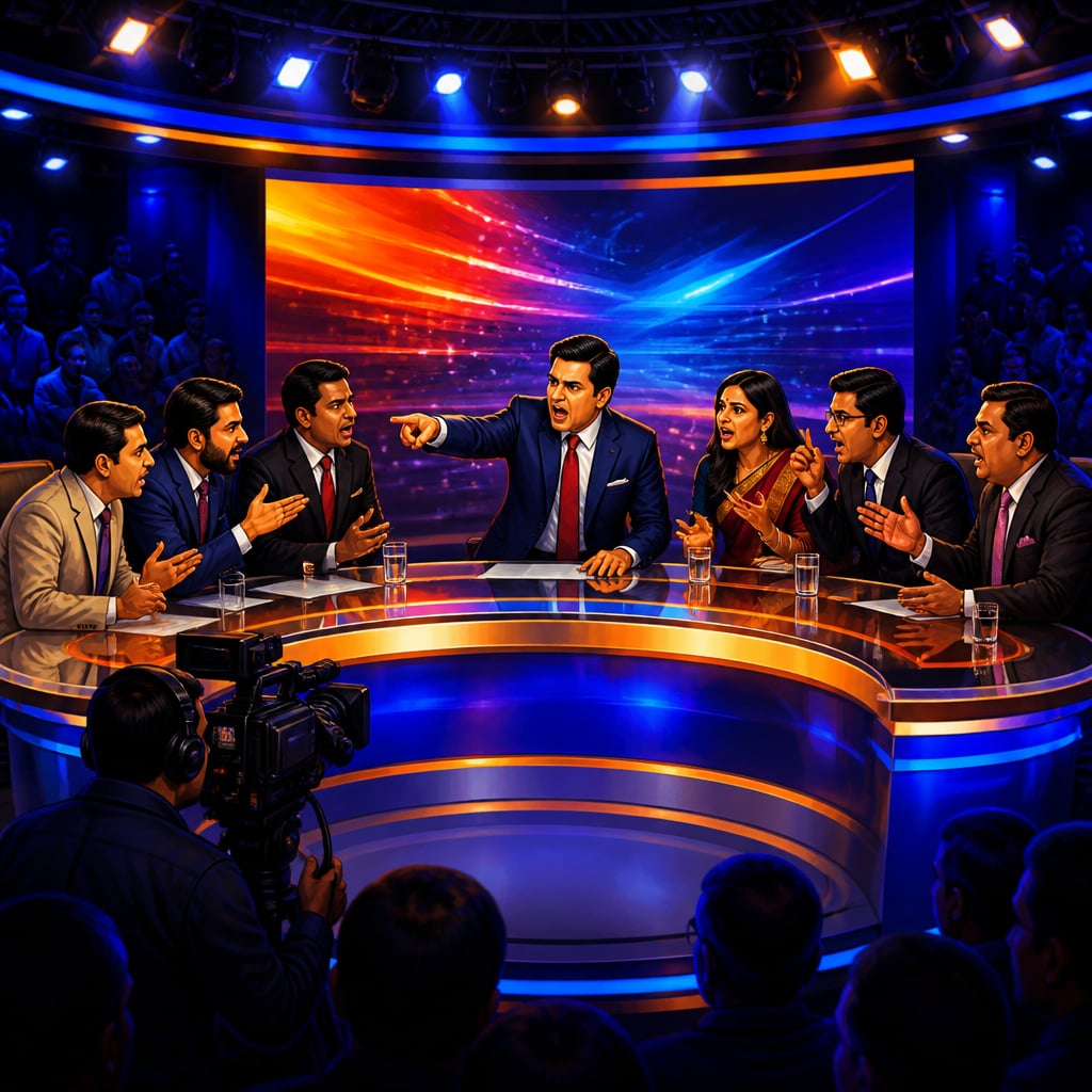 Frenzied modern Indian prime-time news studio with shouting panel
