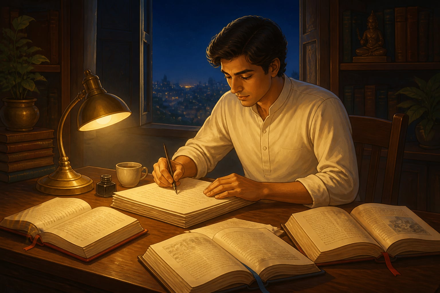 A quiet scholar writing paragraph-by-paragraph rebuttal at night