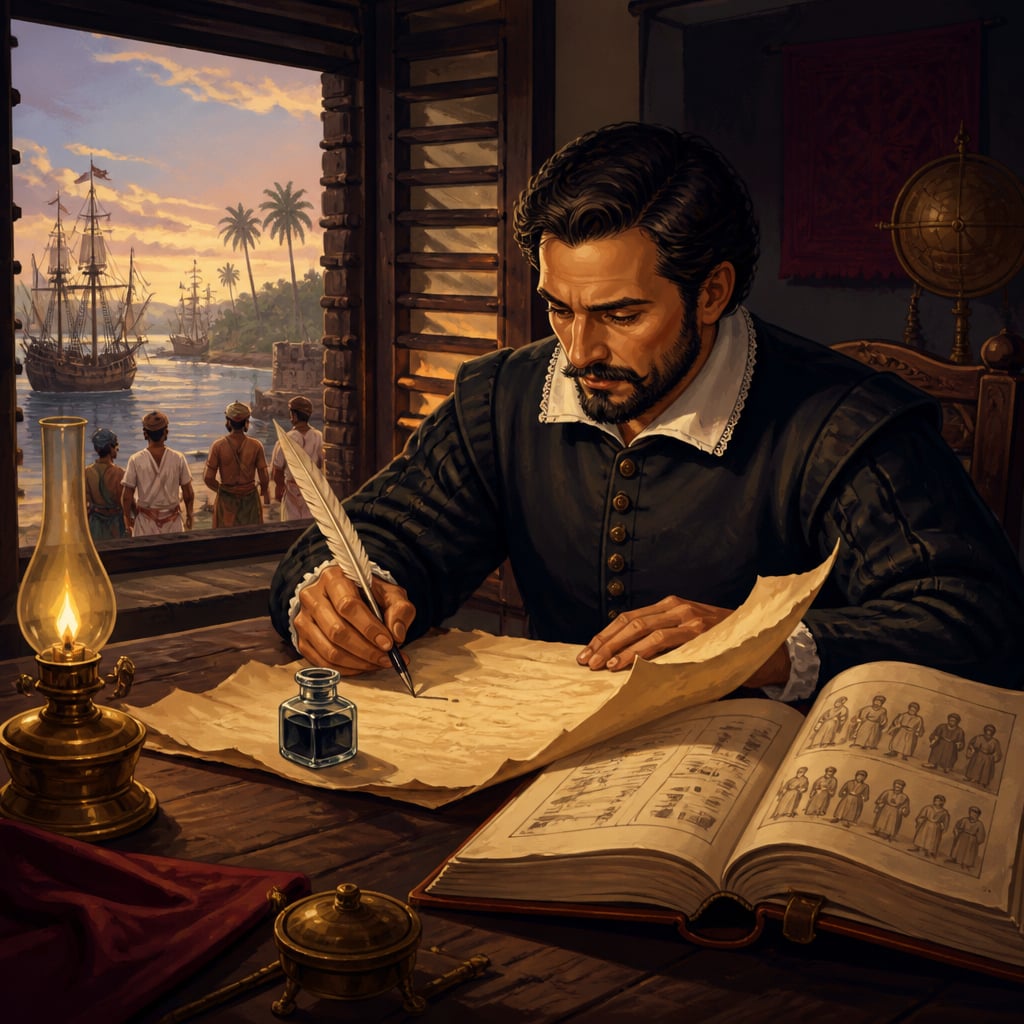 Duarte Barbosa at a desk in a Cochin fort, around 1516, writing the word casta