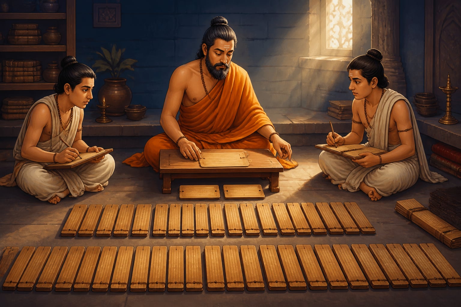 Vatsyayana arranging the three-tier debate-deception taxonomy on palm-leaf folios