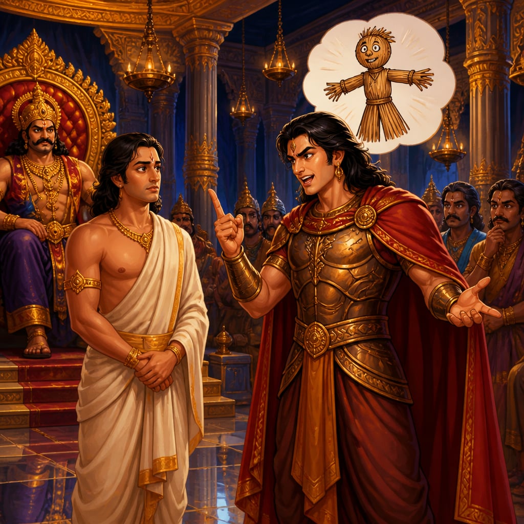 Vibhishana stands strawmanned in Ravana's court of Lanka