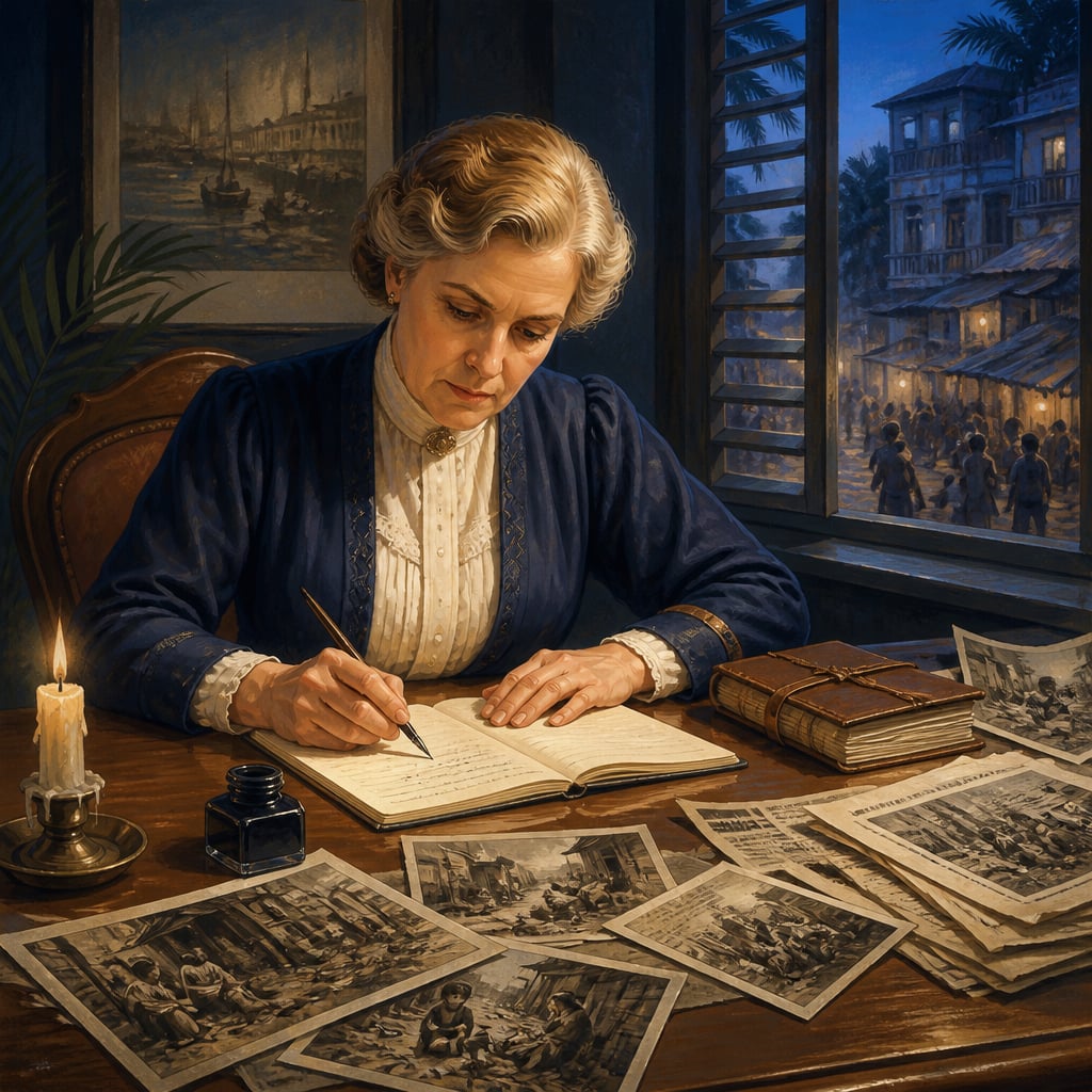 Katherine Mayo drafting Mother India at a Bombay writing desk
