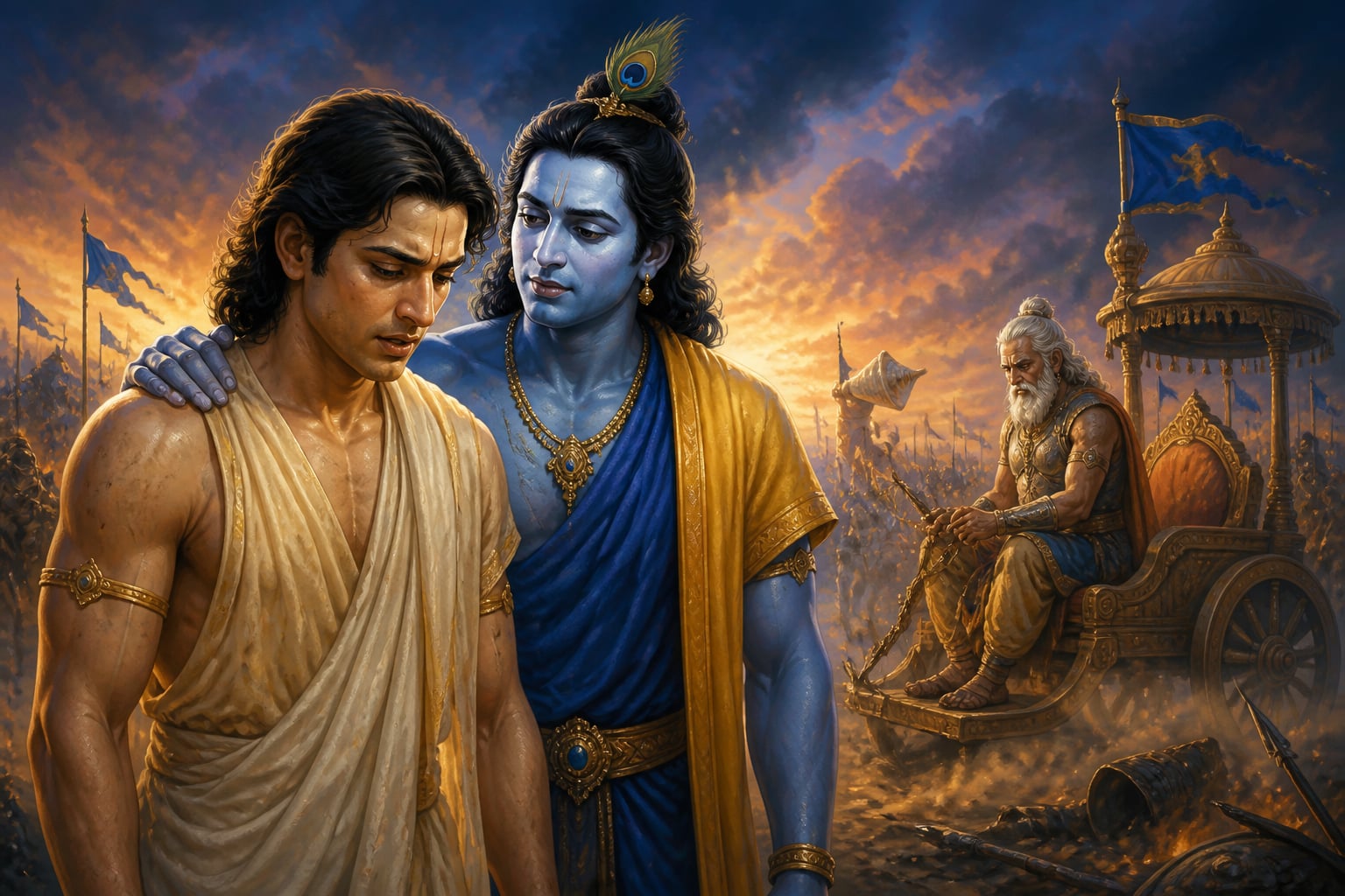 Yudhishthira utters the half-truth at Kurukshetra with Krishna beside him