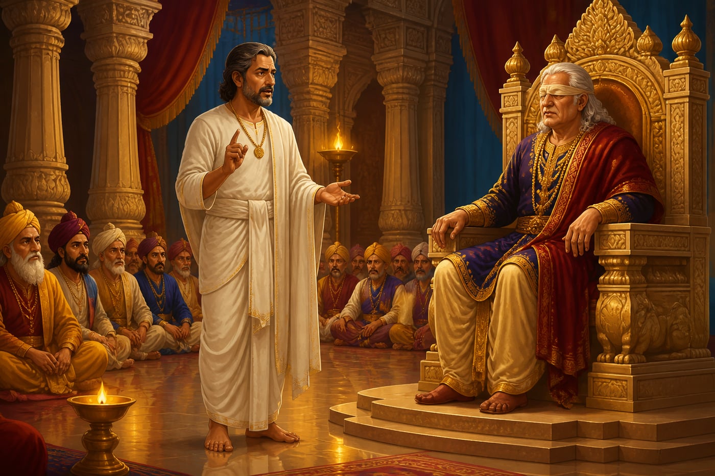 Vidura offering honest counsel in the court of Dhritarashtra
