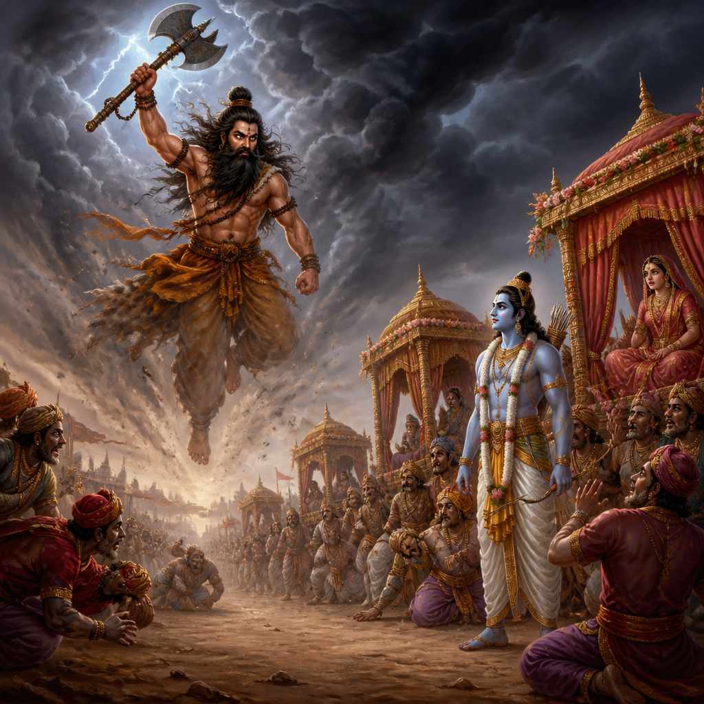 Parashurama descends in storm and dust as Rama stands serene before the wedding party.