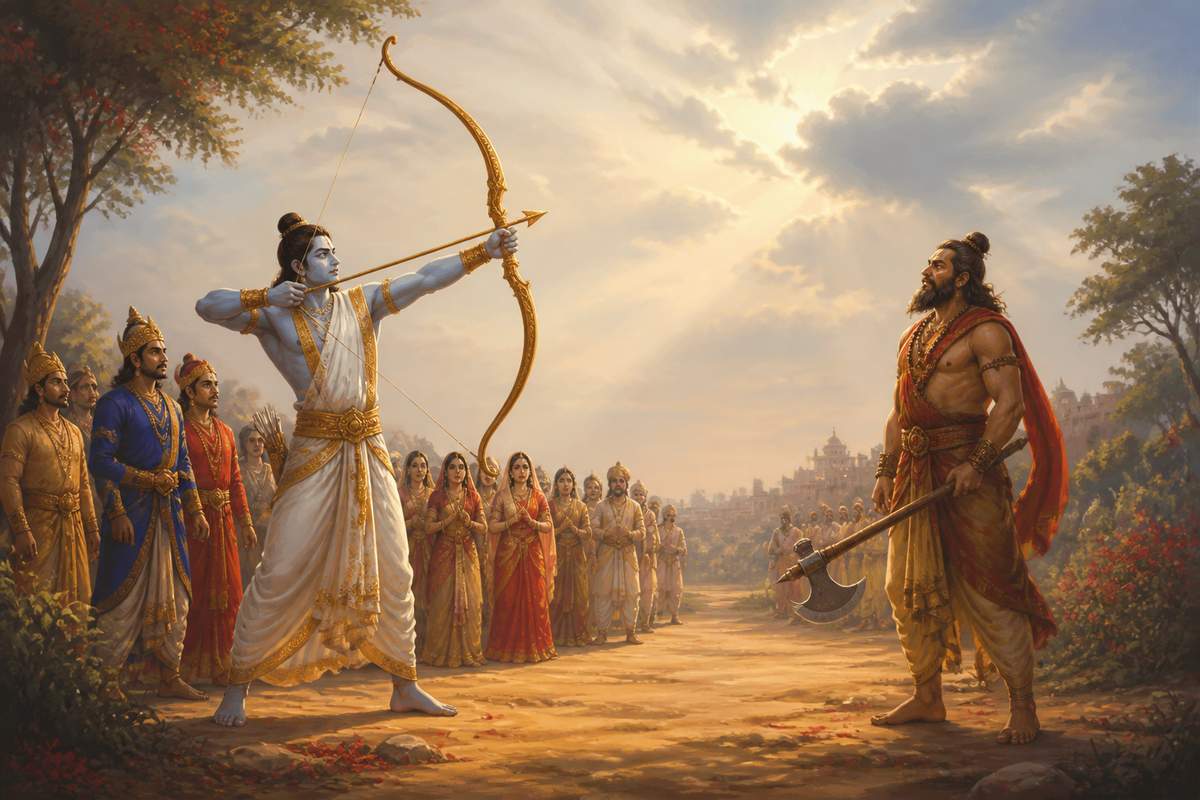 Rama strings the bow of Vishnu and Parashurama's anger leaves him
