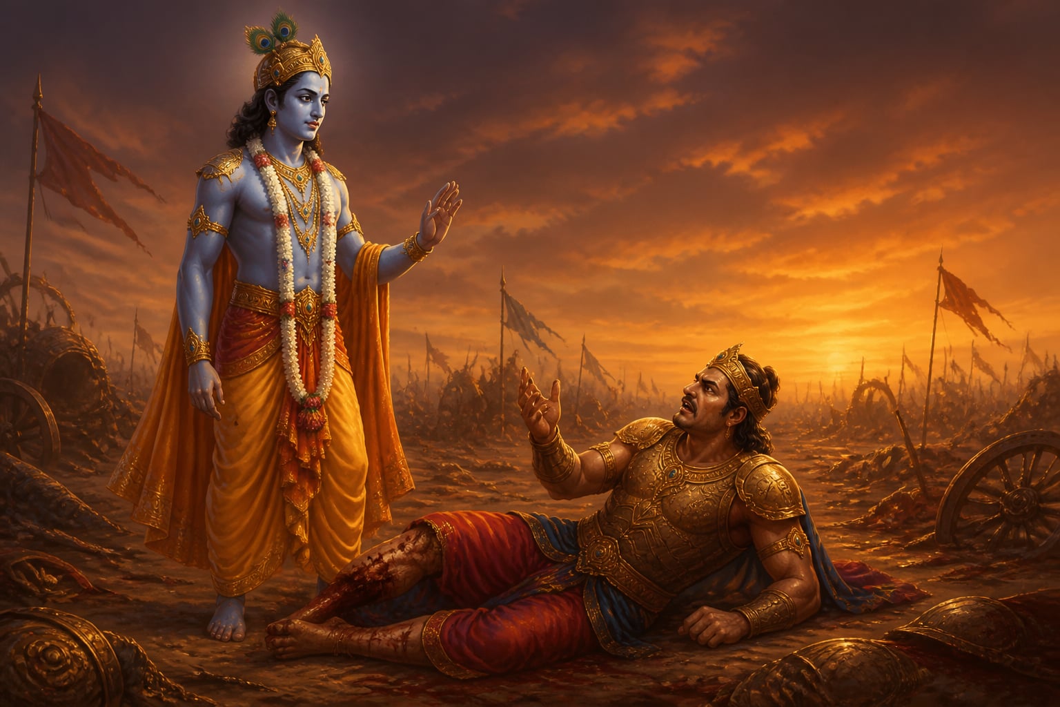 Krishna stands over fallen Duryodhana and recites the timeline