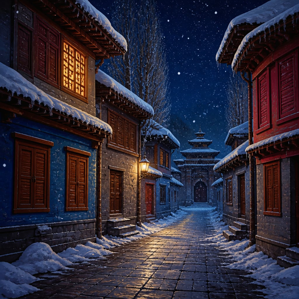 Snow falls on a deserted Srinagar street at midnight in January 1990.