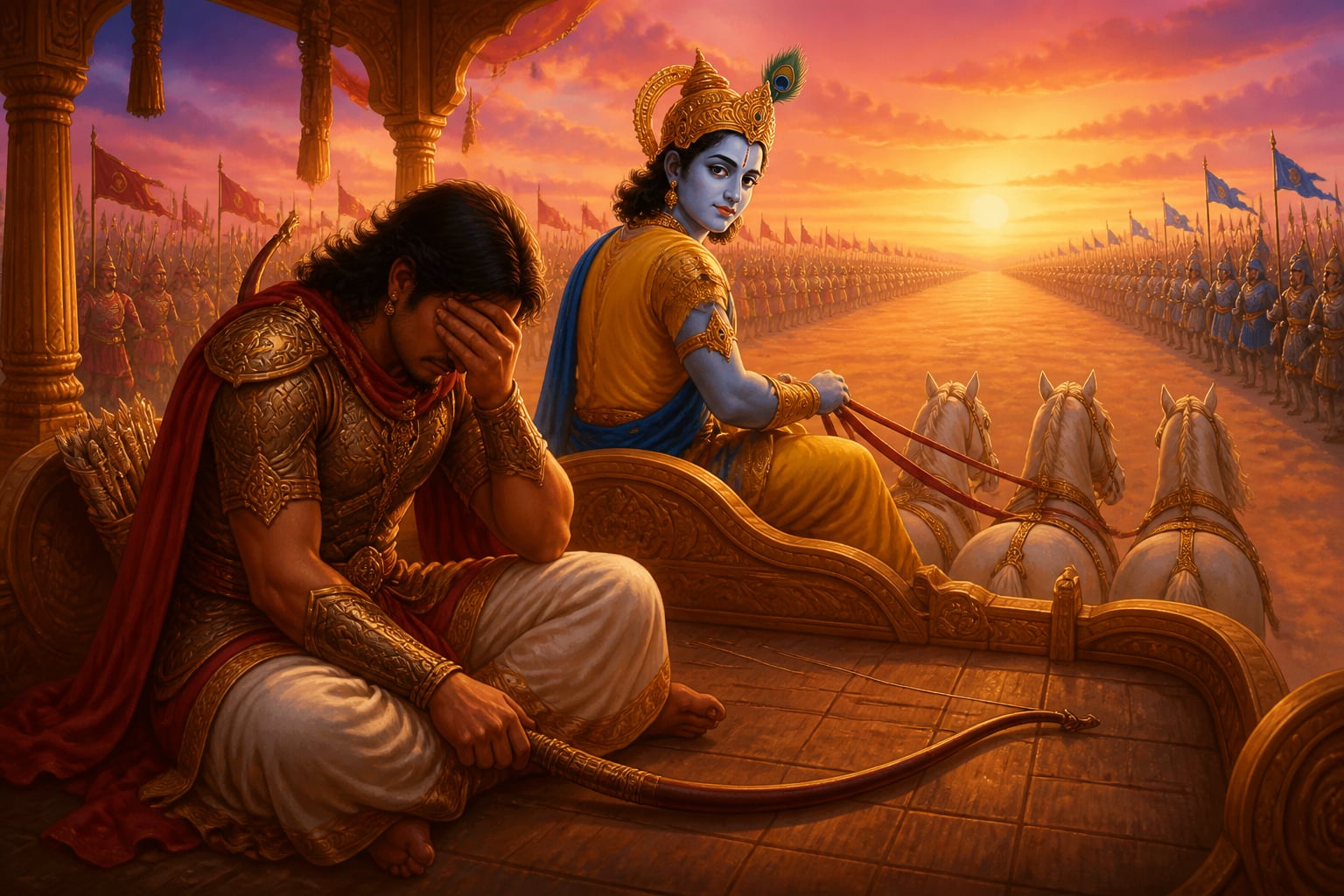 Arjuna's paralysis at Kurukshetra as Krishna turns back to counsel him