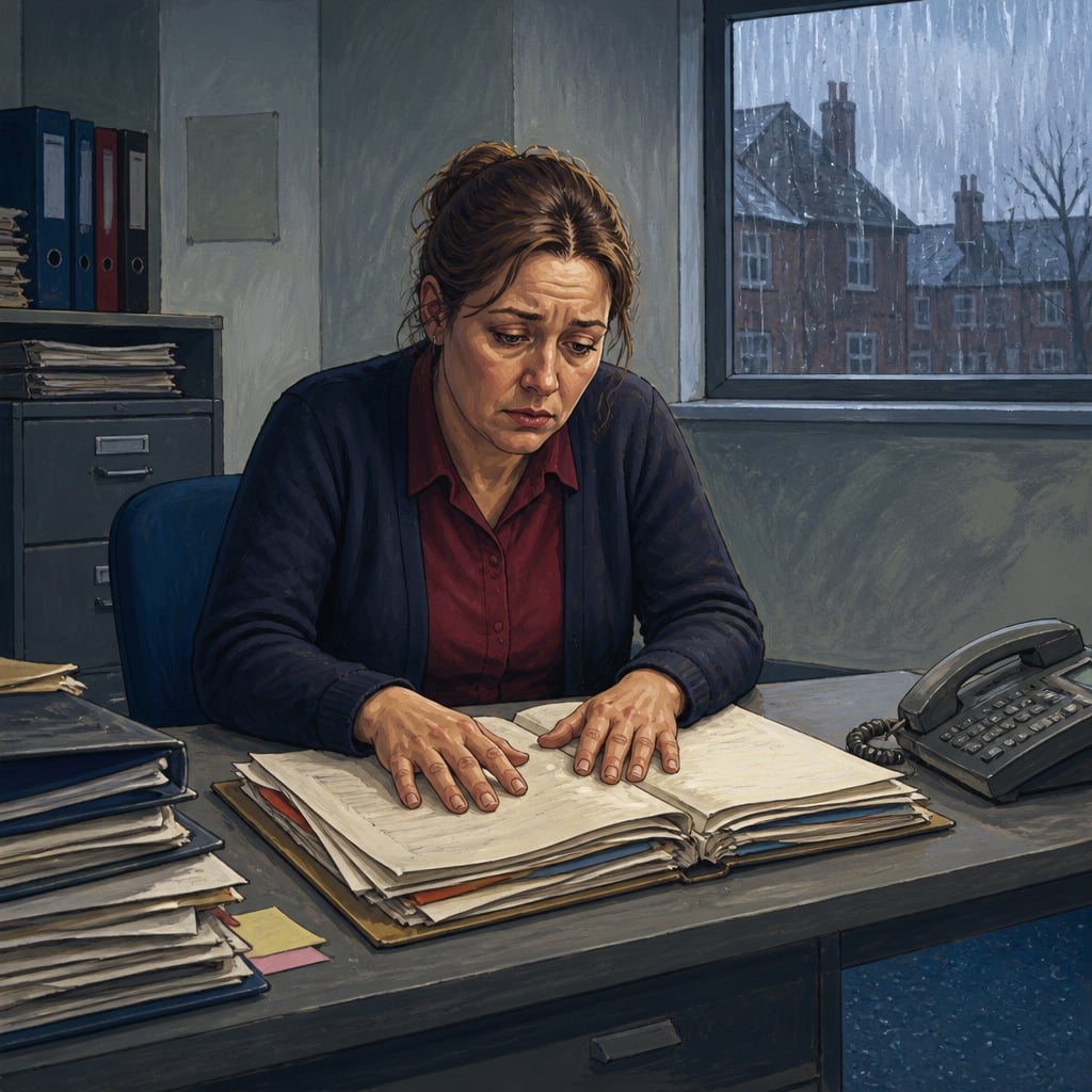 A weary Rotherham social worker sits paralyzed before an open case file.