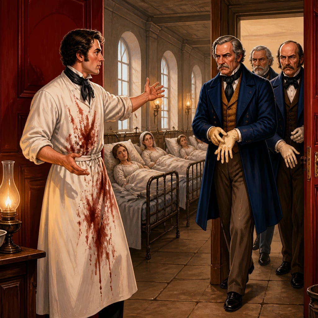 Semmelweis stands in a Vienna ward doorway confronting senior doctors arriving from autopsies.