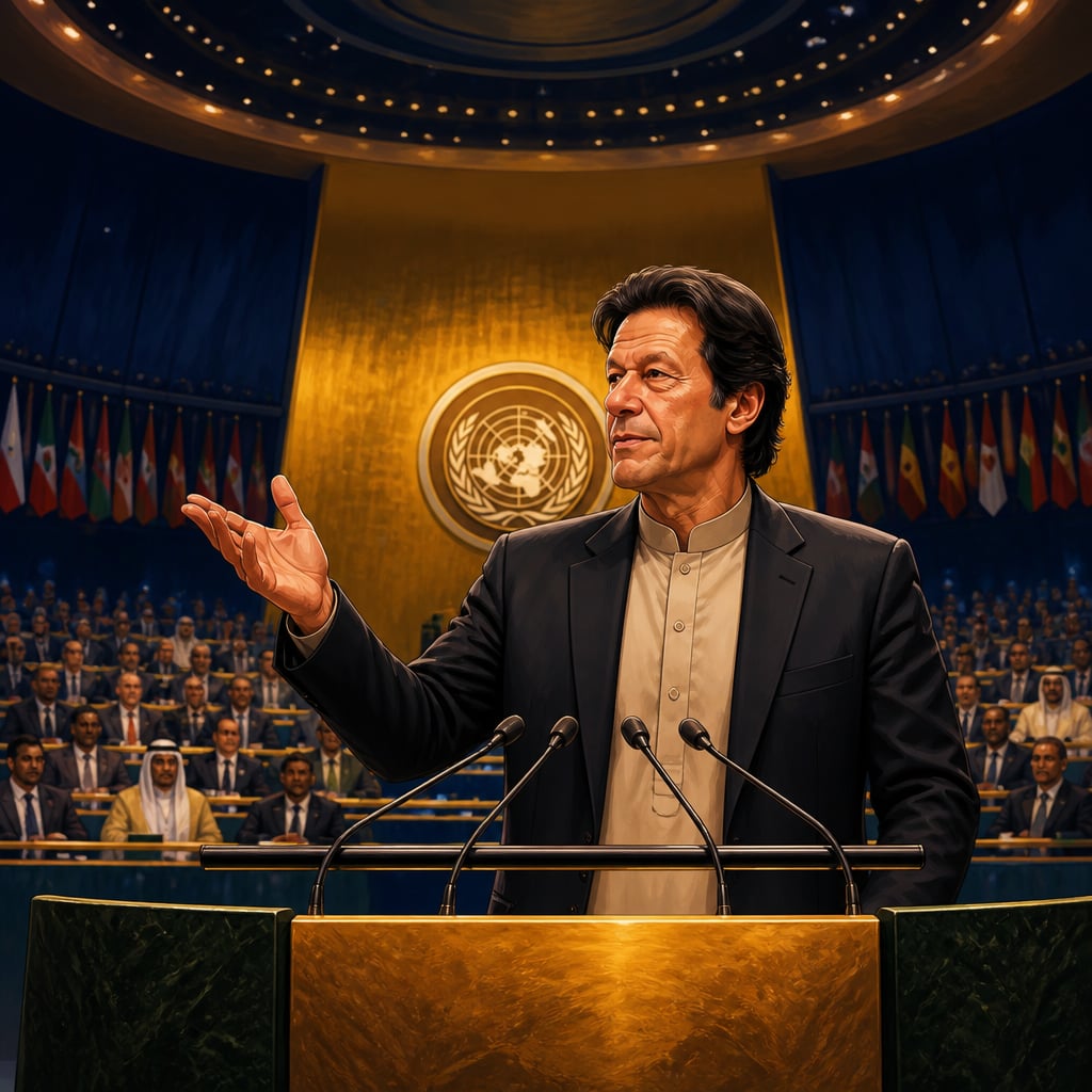 Pakistani statesman at the UN podium mid-deflection.