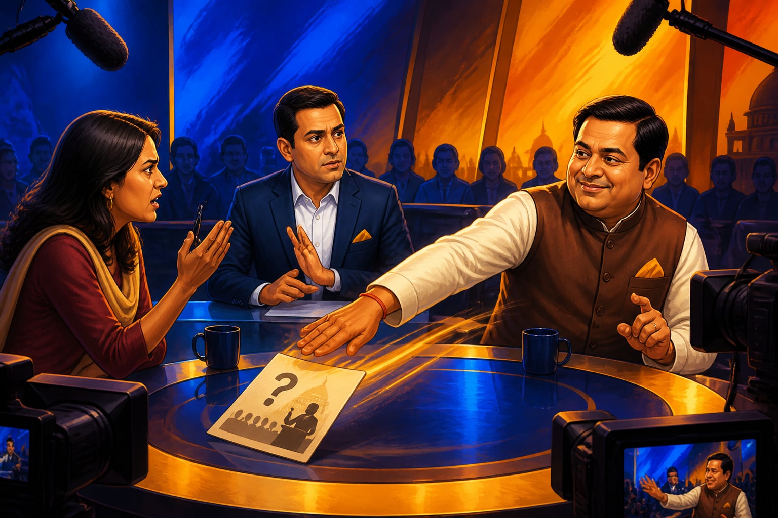 A modern Indian prime-time panel runs the same topic shift