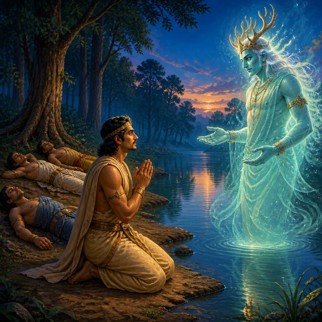 Yudhishthira answers the Yaksha at the forest lake at twilight