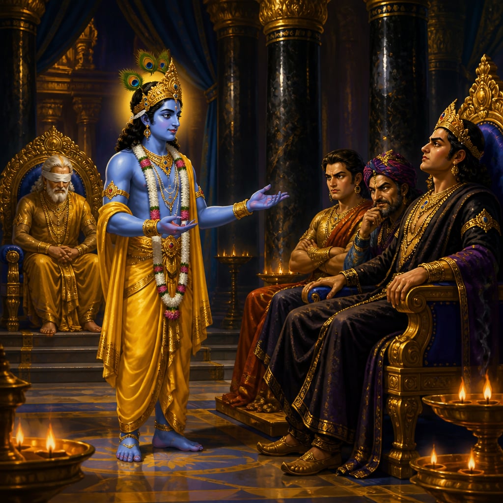 Krishna addresses the Hastinapura court as Pandava envoy before the war