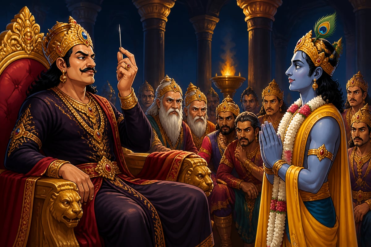 Duryodhana raises the needle of refusal before Krishna