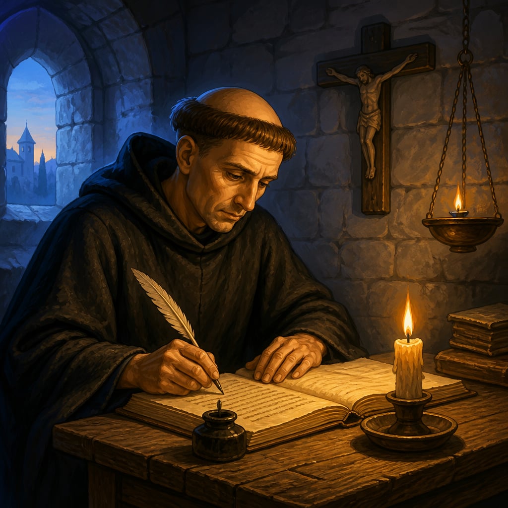 Anselm writing the Proslogion by candlelight at the monastery of Bec in 1078