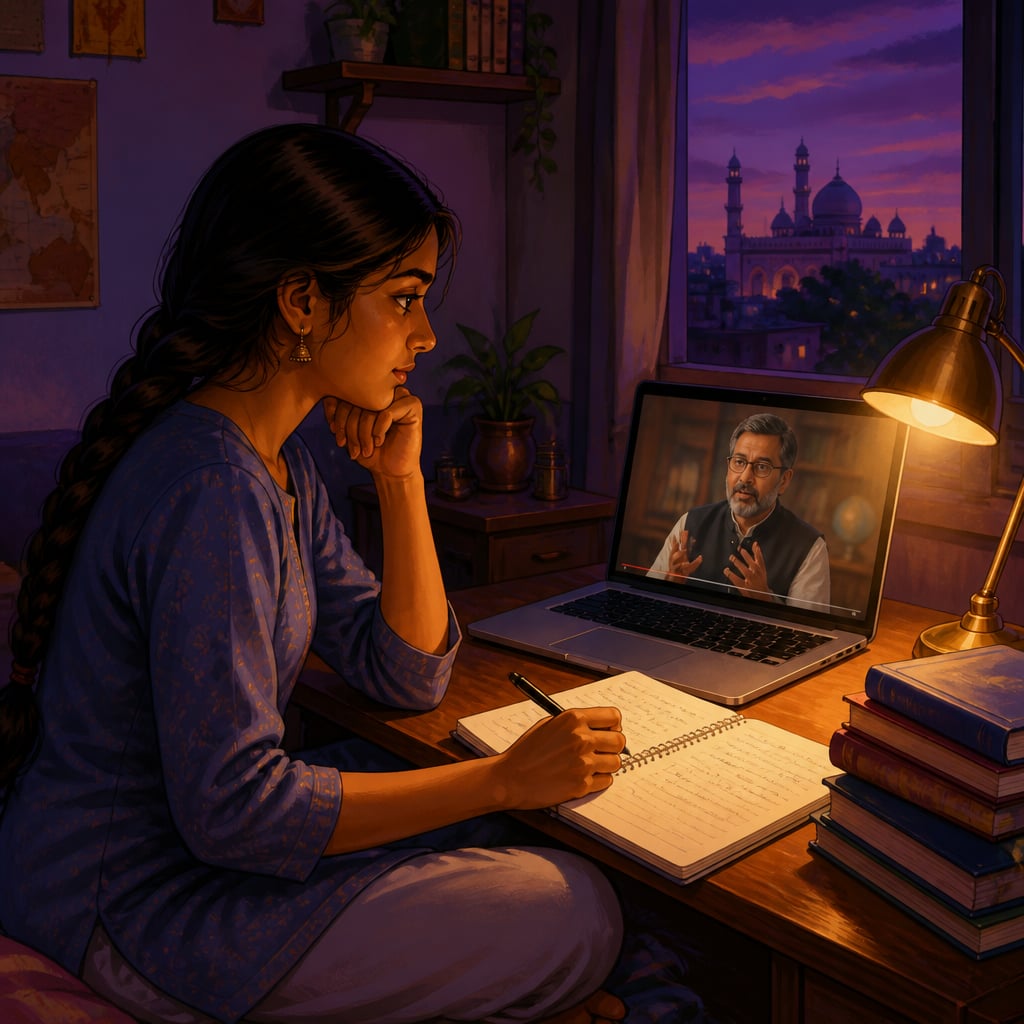 Meera at her hostel desk pressing play
