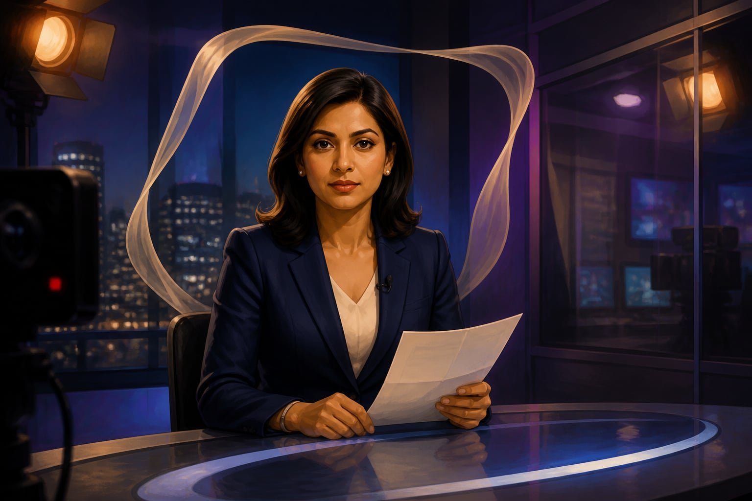 A measured presenter in a broadcast studio framing asymmetric questions