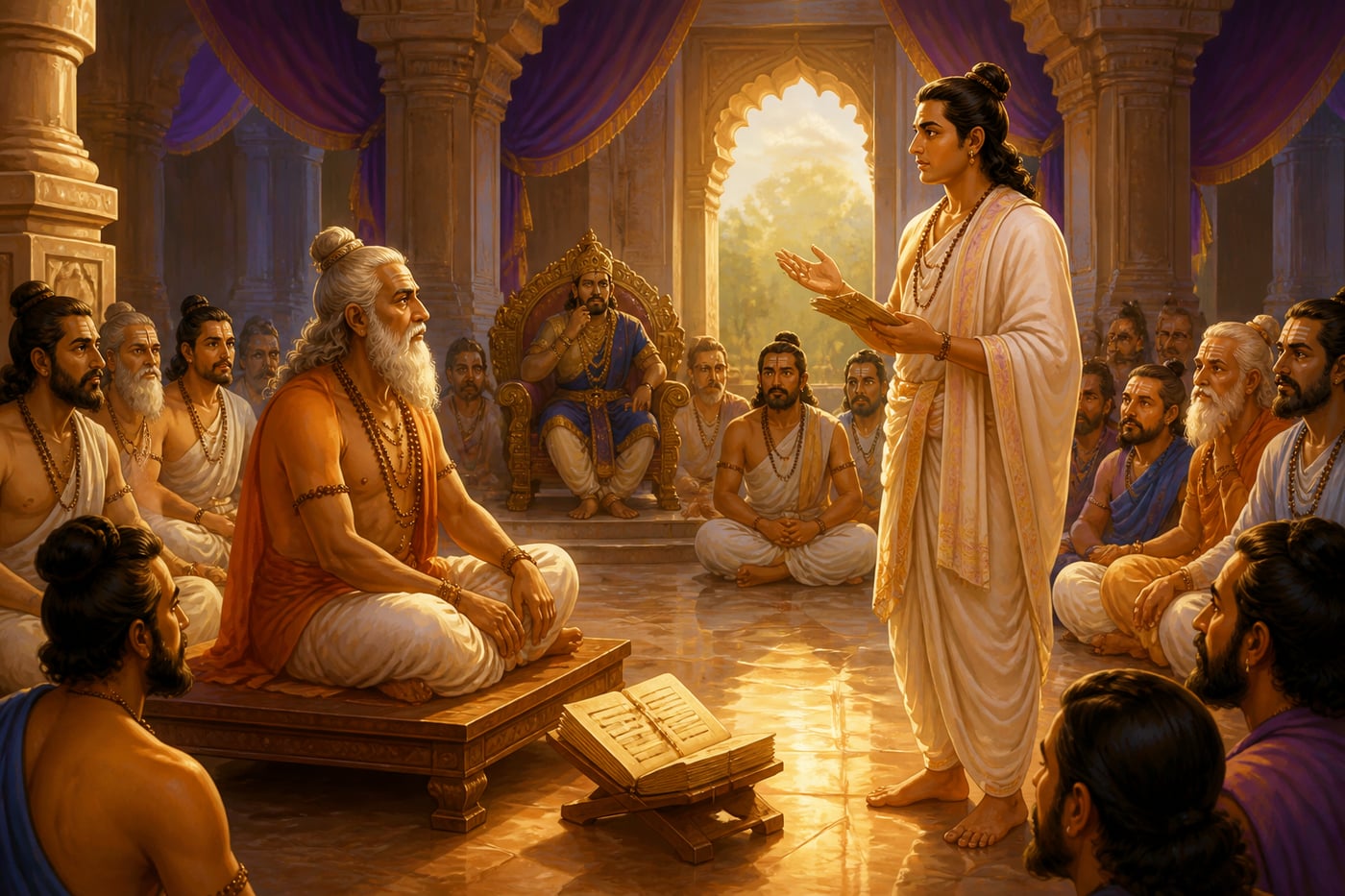 Yajnavalkya facing the eighth challenger Vidagdha Shakalya