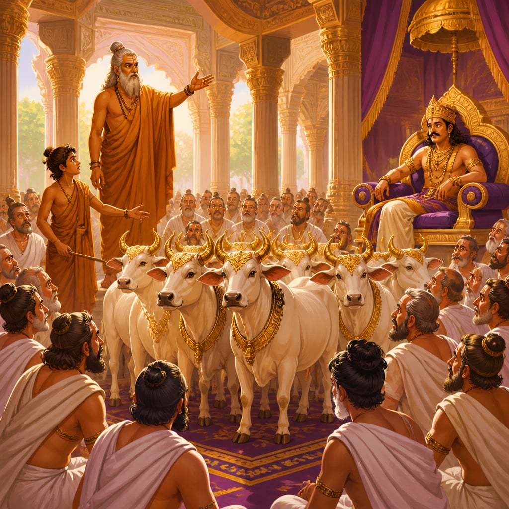 Yajnavalkya claiming the gold-tipped cows