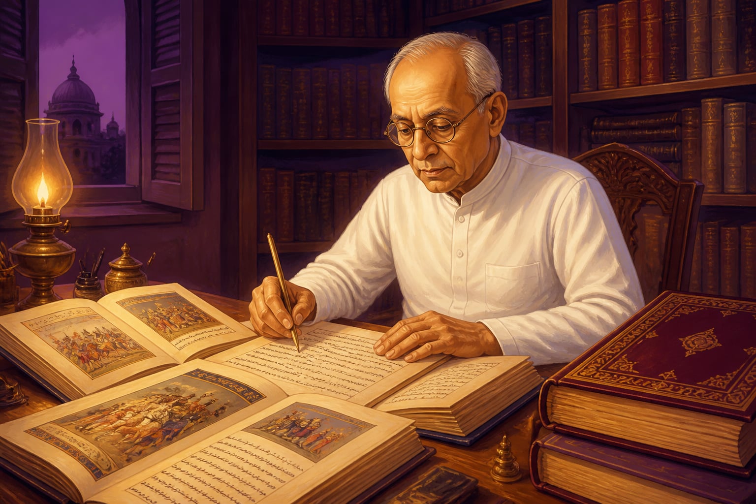 Sir Jadunath Sarkar reading Mughal Persian chronicles in his study