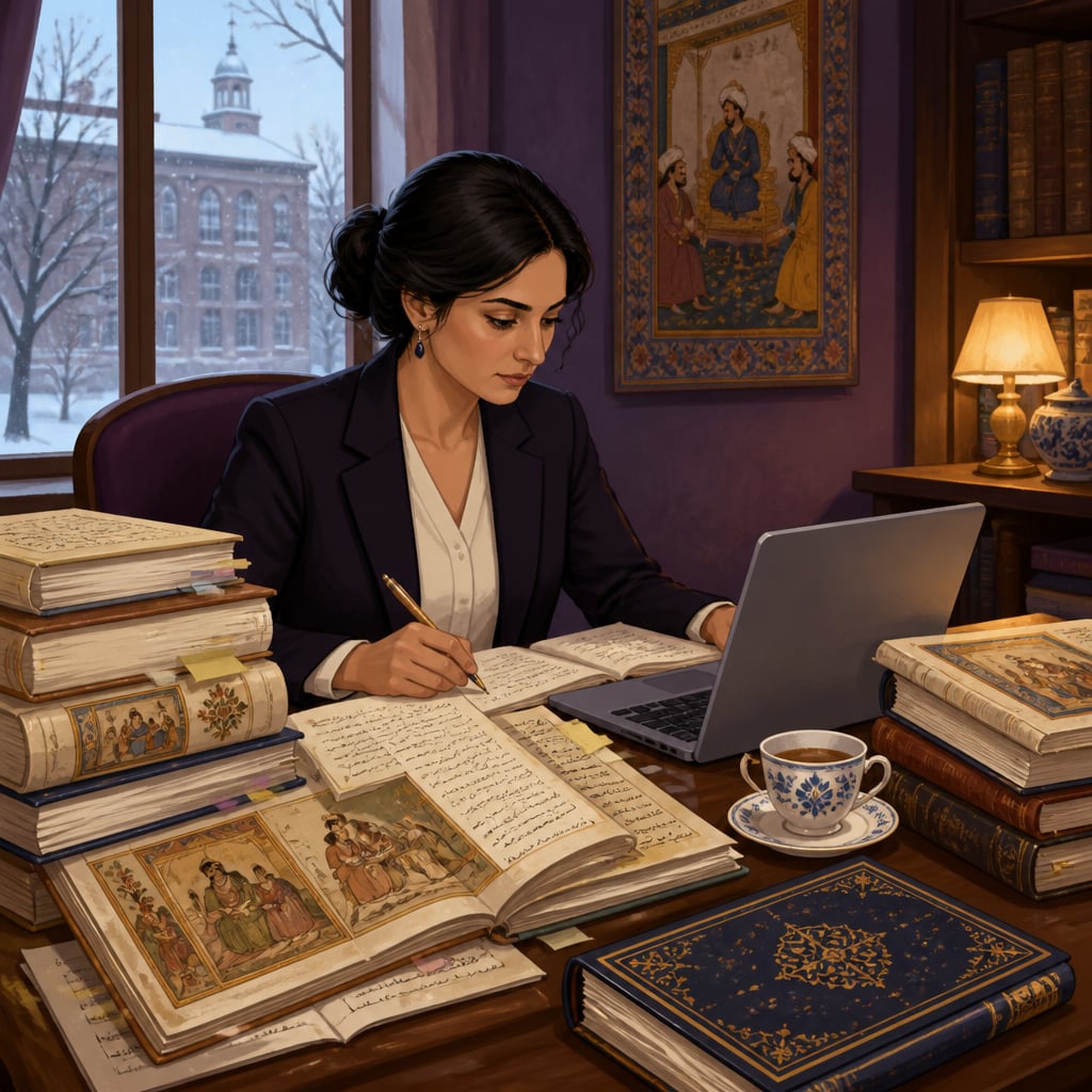 Audrey Truschke at her Rutgers office desk