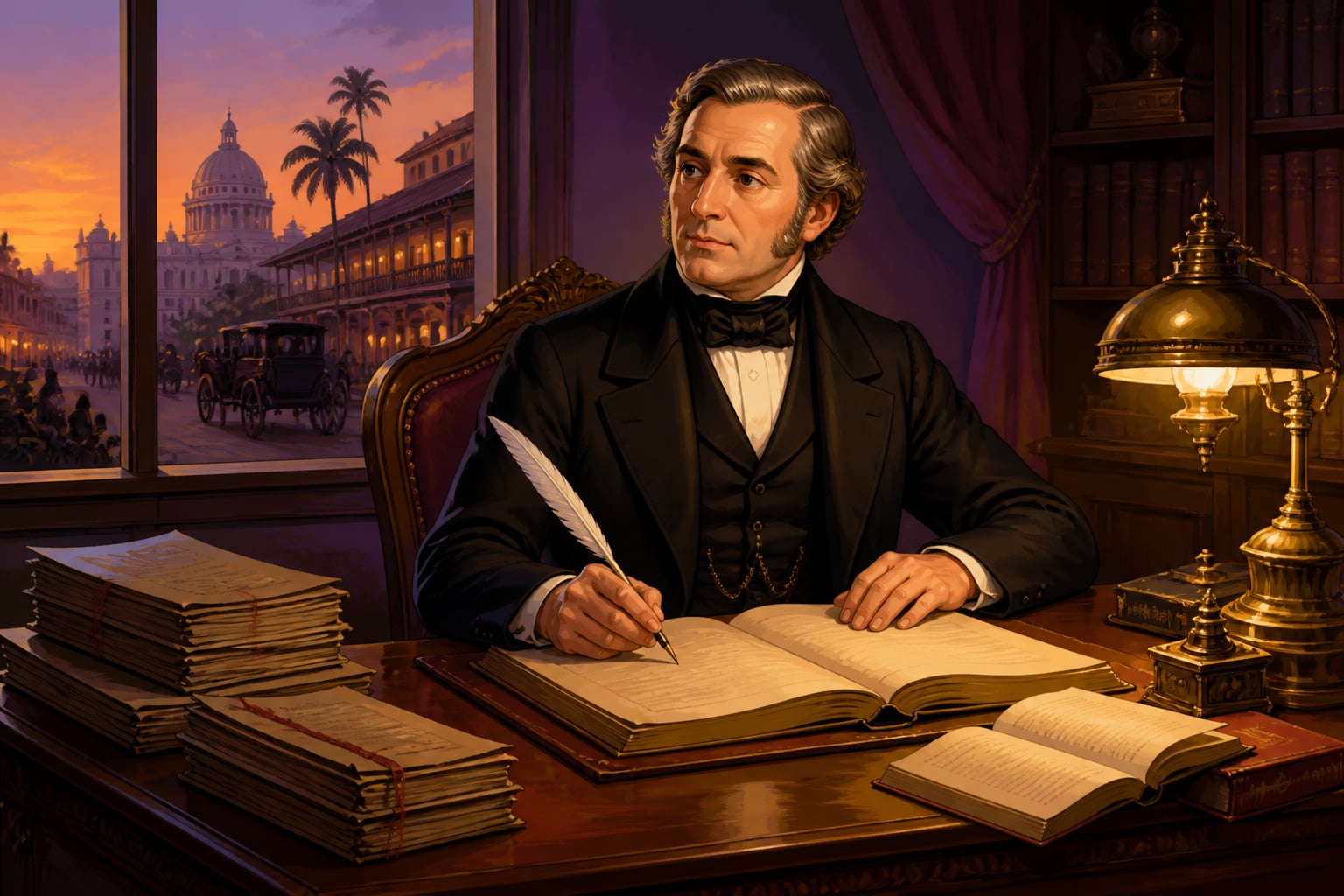 Macaulay drafting the 1835 Minute on Indian Education in Calcutta