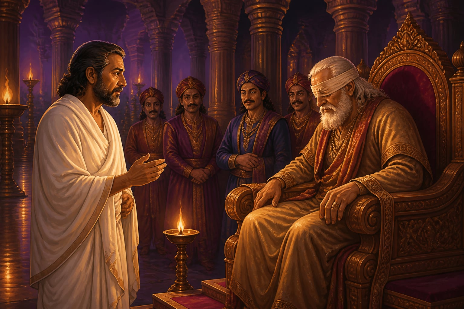 Vidura warning Dhritarashtra at the Kaurava court