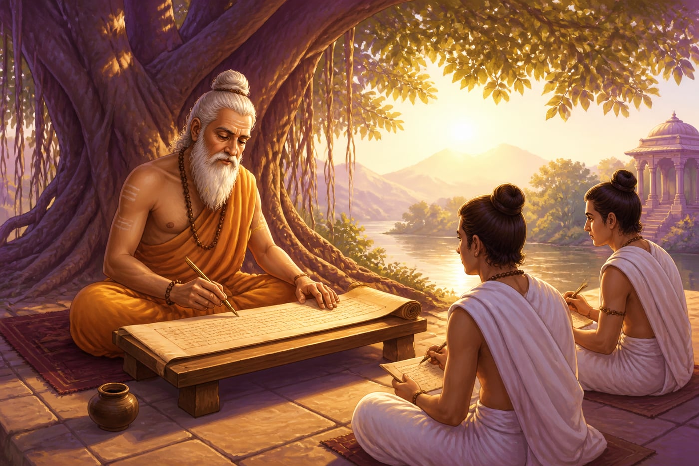 Gautama composing the Nyaya Sutras