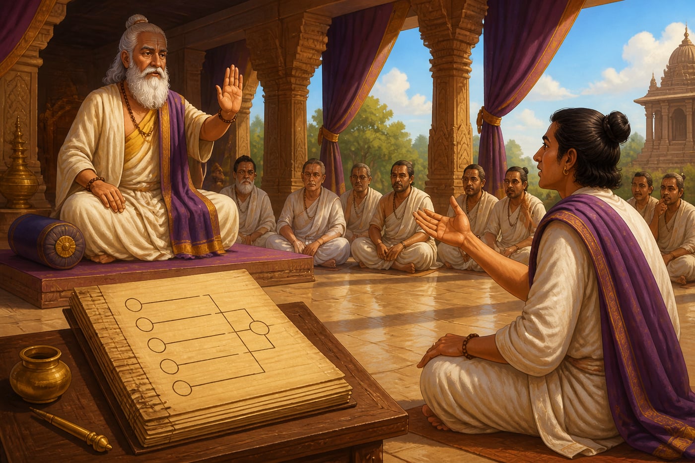 A shastrartha hall demanding the five-part syllogism