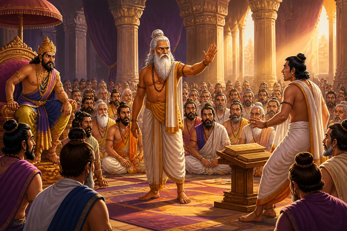 Yajnavalkya delivering his climactic warning to Sakalya