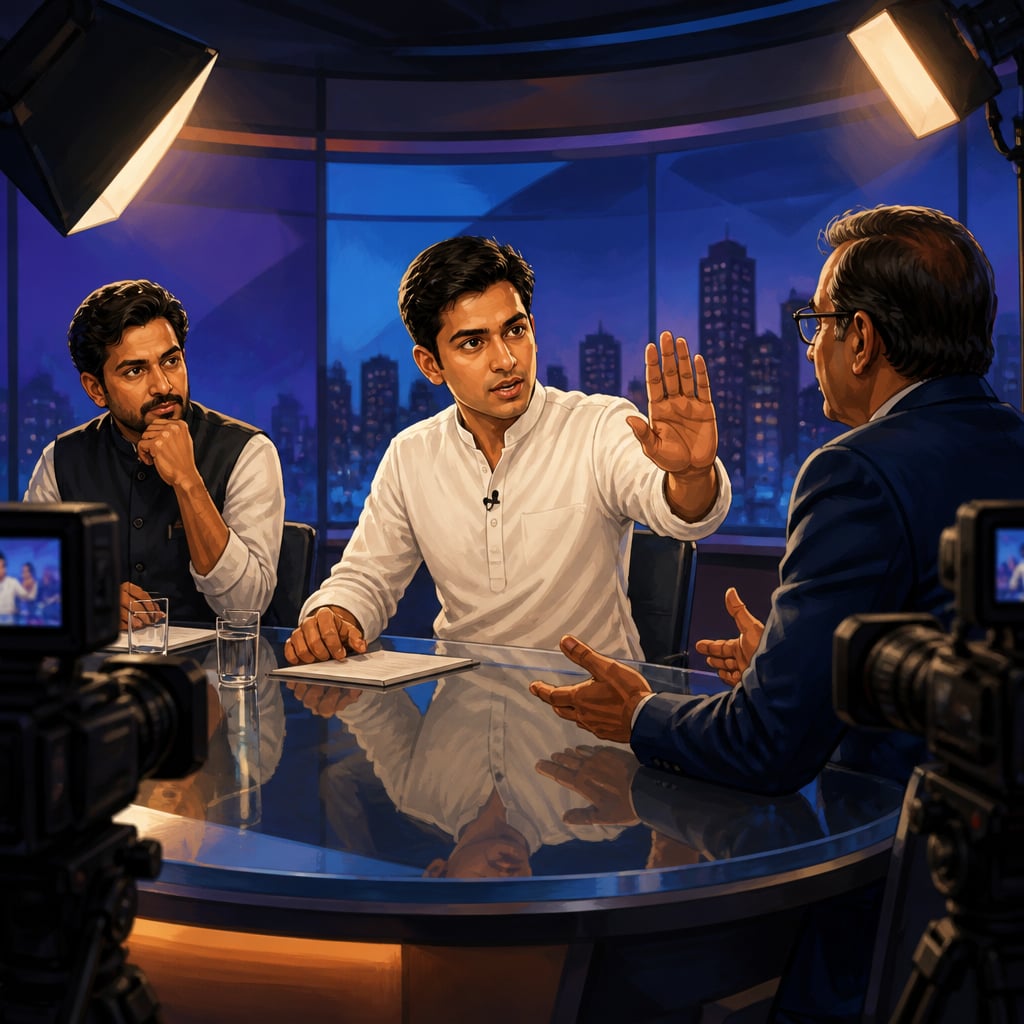 Young debater interrupts a senior academic in a Noida TV studio