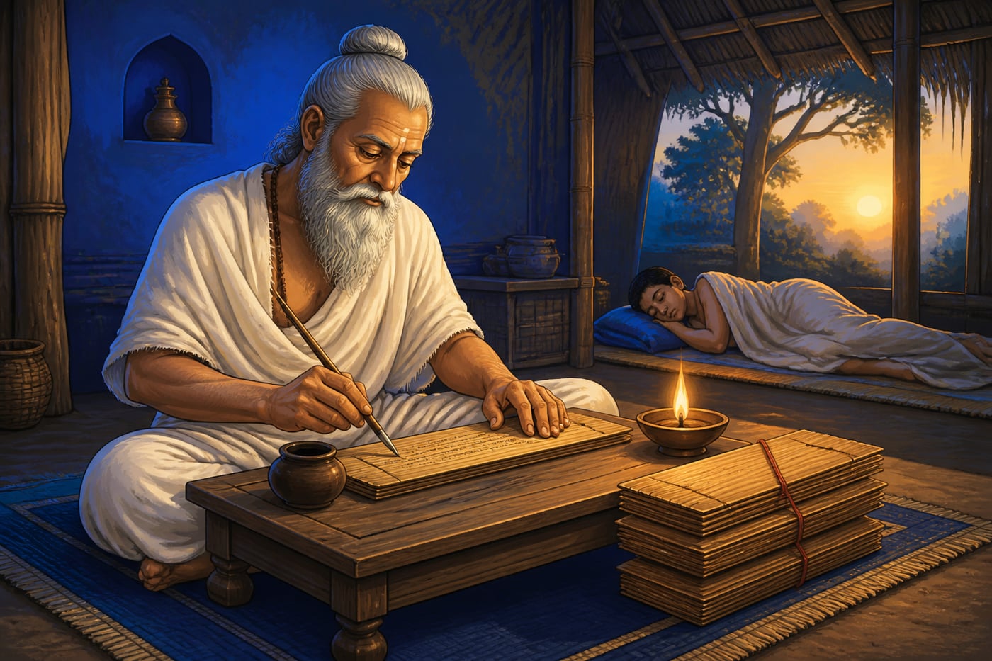 Vatsyayana inscribing the Nyaya Bhashya by lamplight