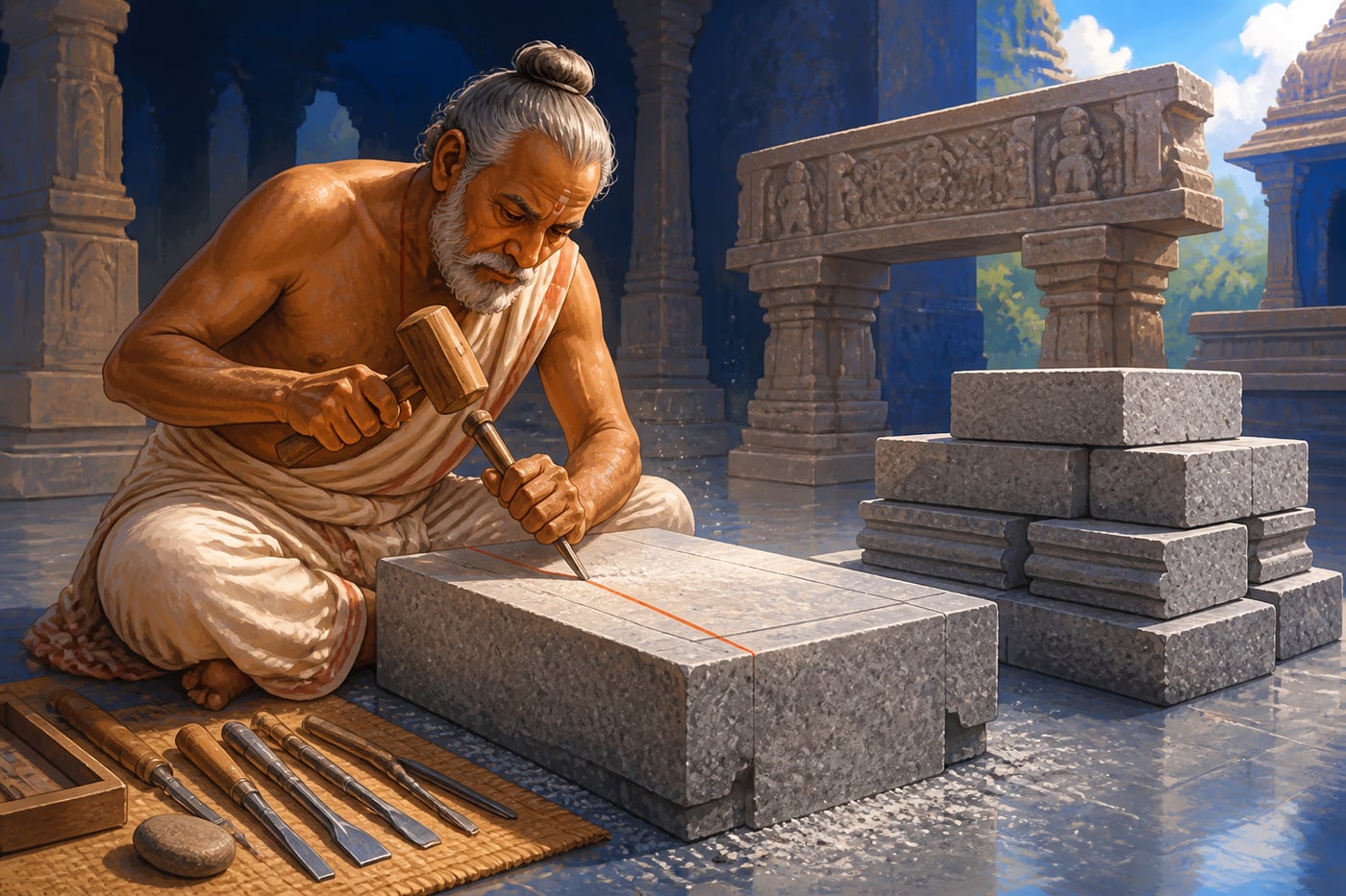 Stone craftsman cutting a granite block to dimension