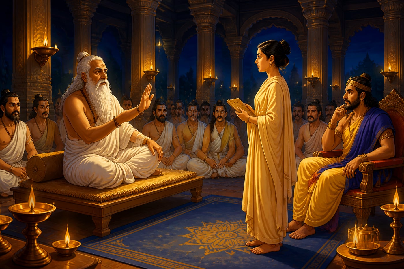 Yajnavalkya answering Gargi at Janaka's court