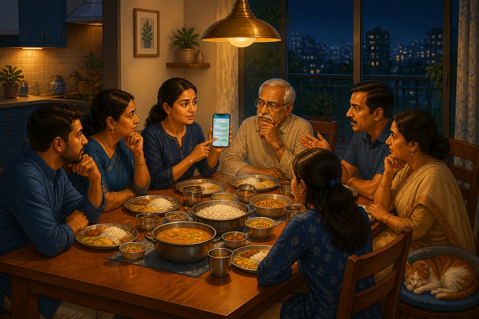 Indian family debating a WhatsApp message at dinner