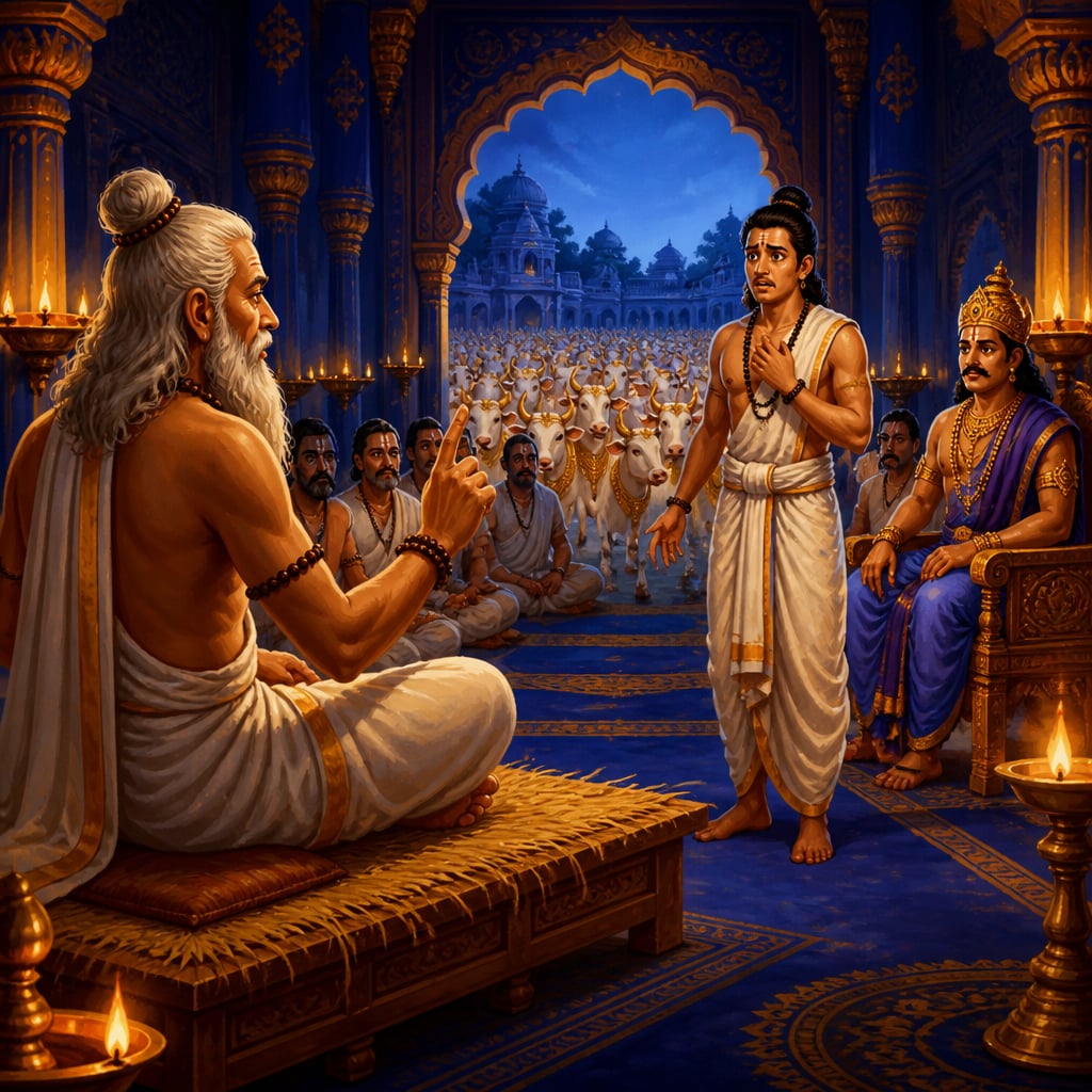 Yajnavalkya turns a question back on Shakalya at Janaka's court