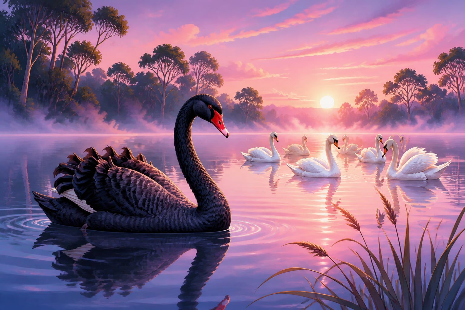 Black swan among white swans in Western Australia