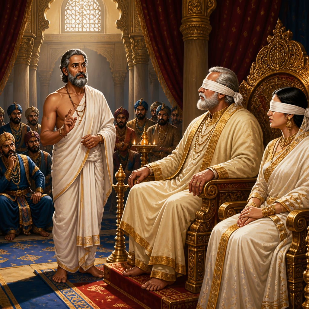 Vidura speaks calmly at the Kuru royal court of Hastinapura