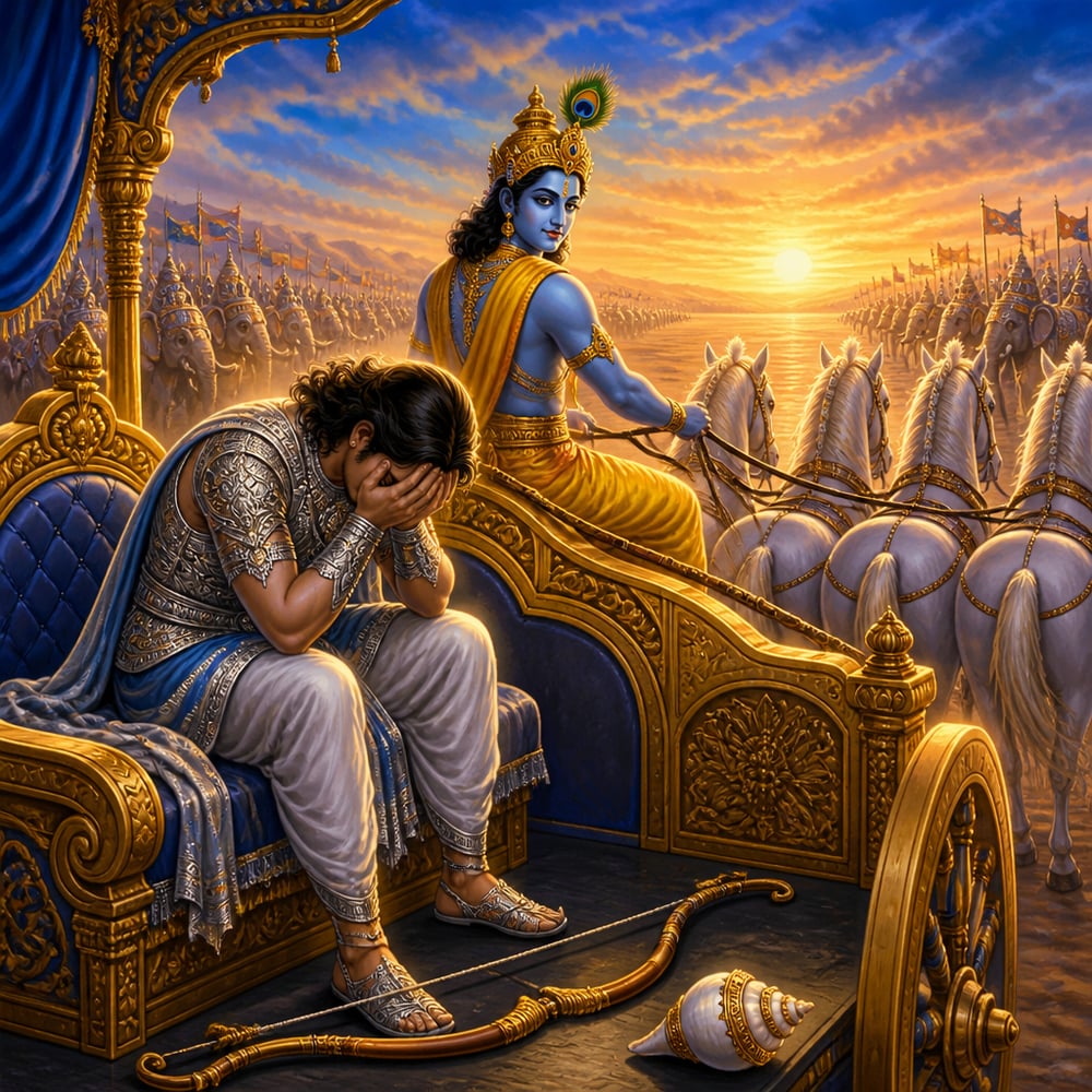 Arjuna collapses with his bow slipped on the Kurukshetra chariot