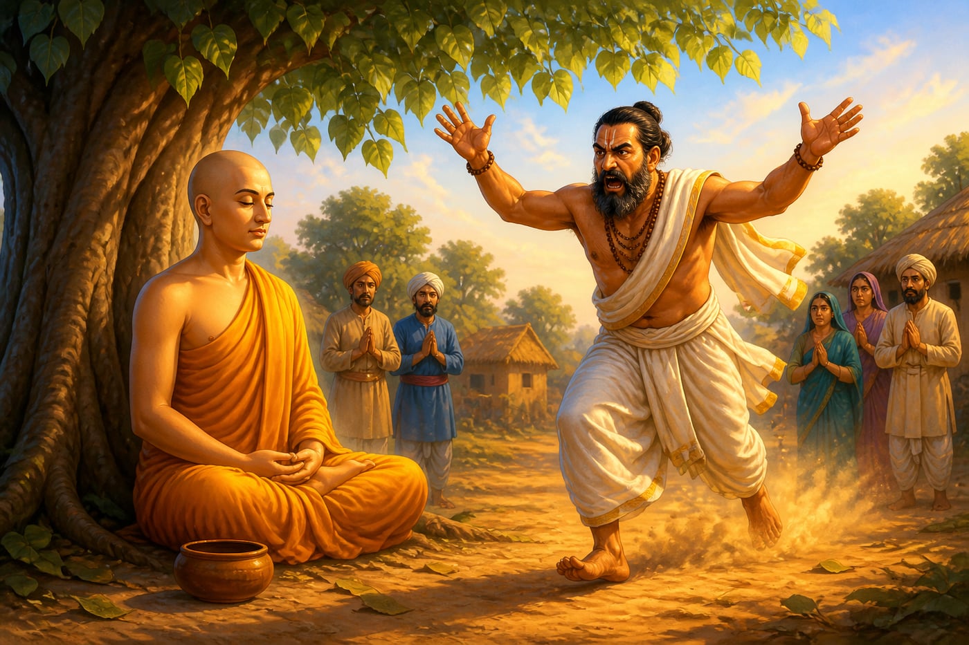 Buddha sitting calmly as an angry brahmin shouts