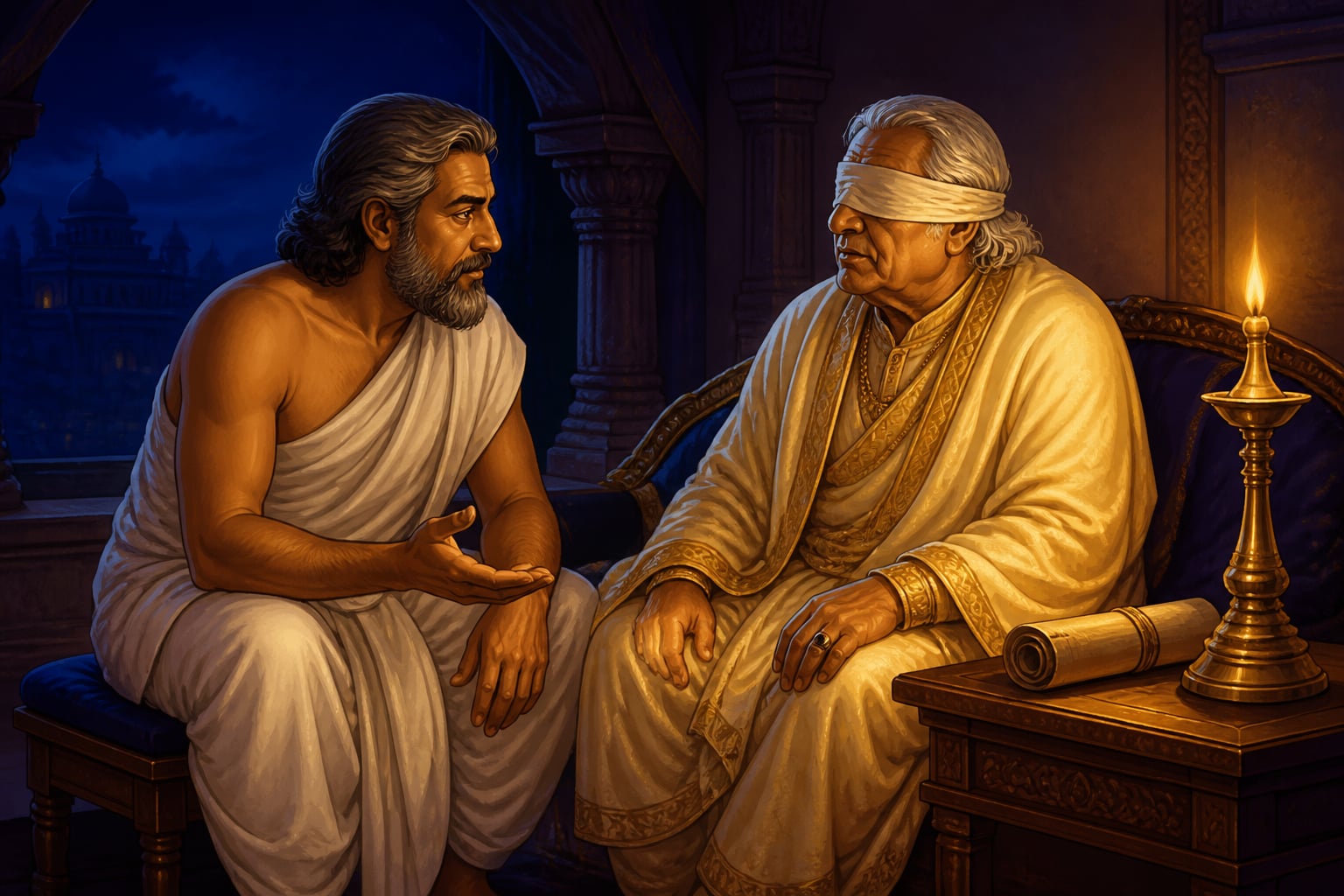 Vidura counselling the blind King Dhritarashtra
