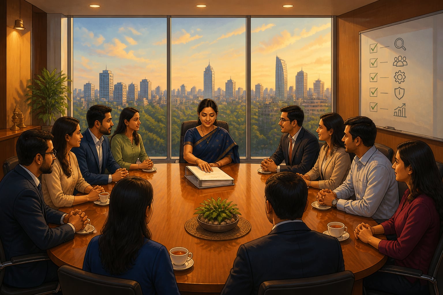 A modern boardroom closing an incident postmortem