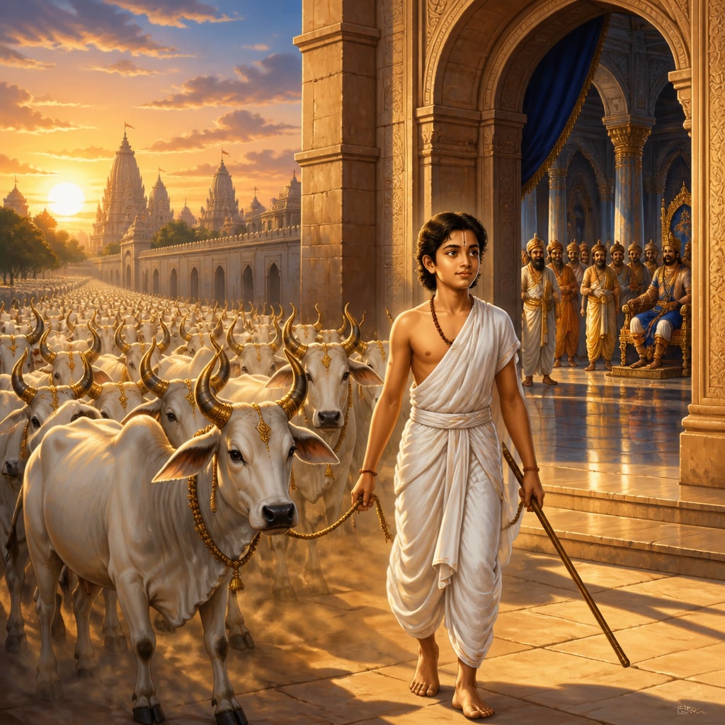 Student leads gold-tipped cows away from King Janaka's courtyard
