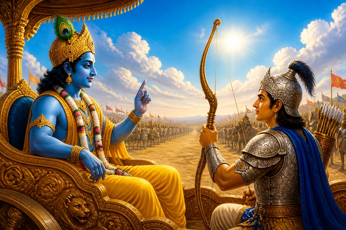 Krishna delivering the closing verse of the Gita to Arjuna