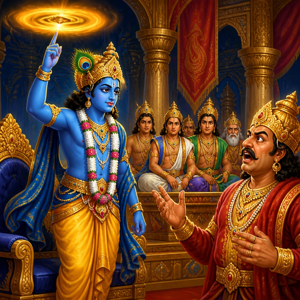 Krishna rises with the Sudarshana Chakra at the Rajasuya assembly