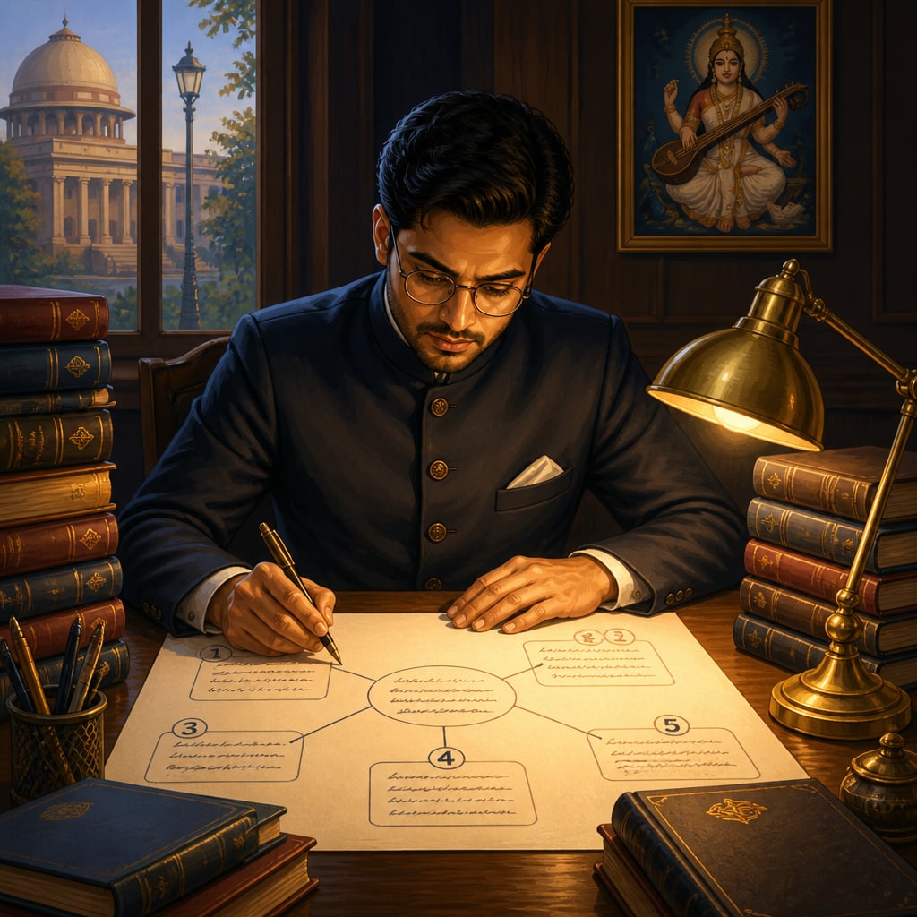 Senior Supreme Court advocate at his Connaught Place desk with the argument map