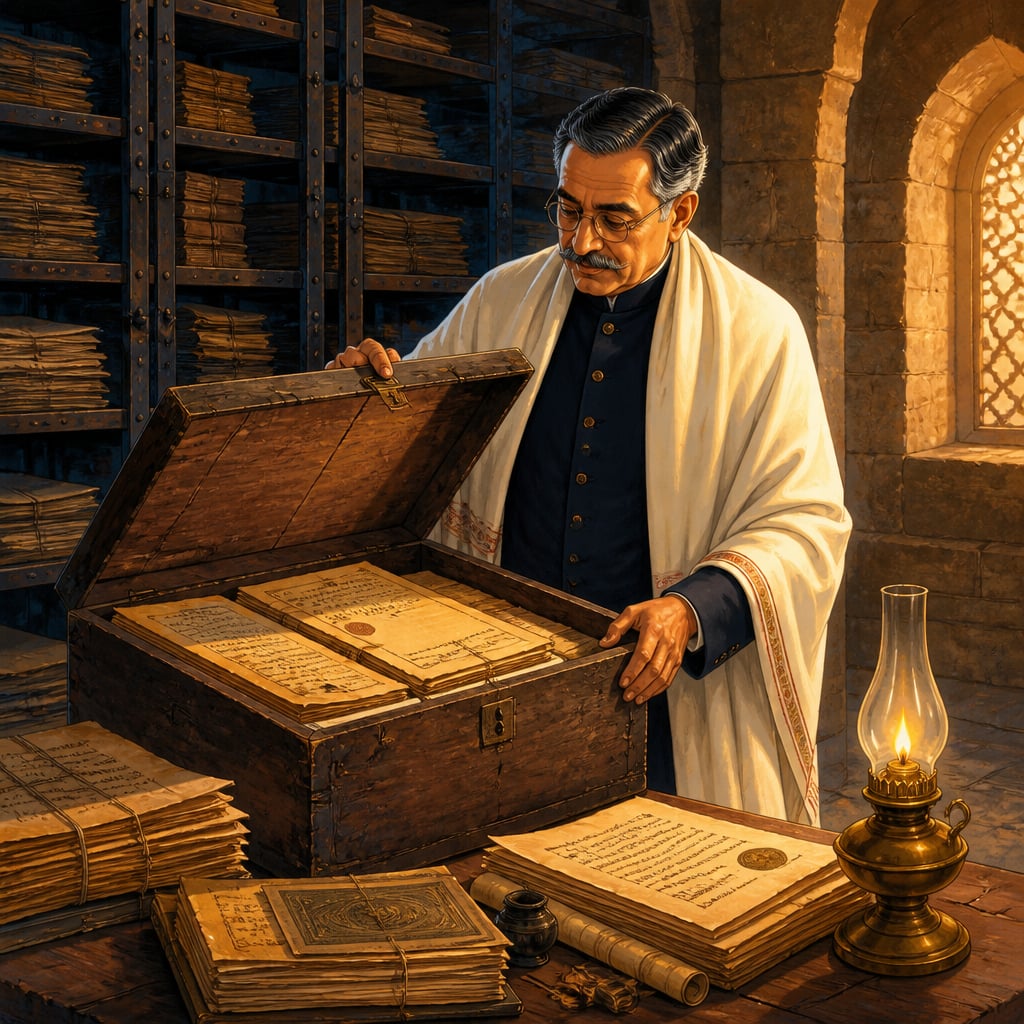 Jadunath Sarkar opening a box of Mughal chancery papers in the Bikaner archive